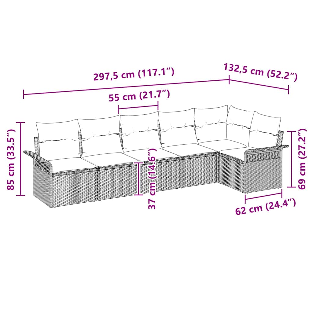 Havesofa Sæt med pude 6 pcs Brun polyrattan