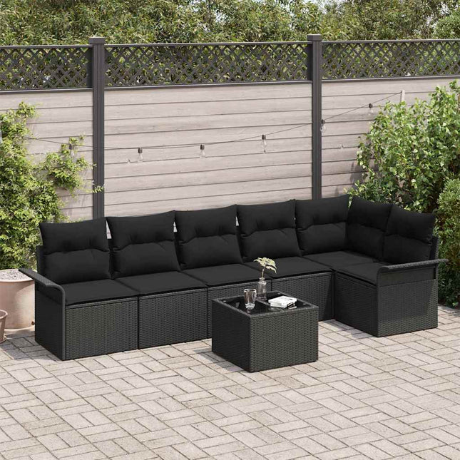 Havesofa Sæt med pude 7 pcs Sort polyrattan