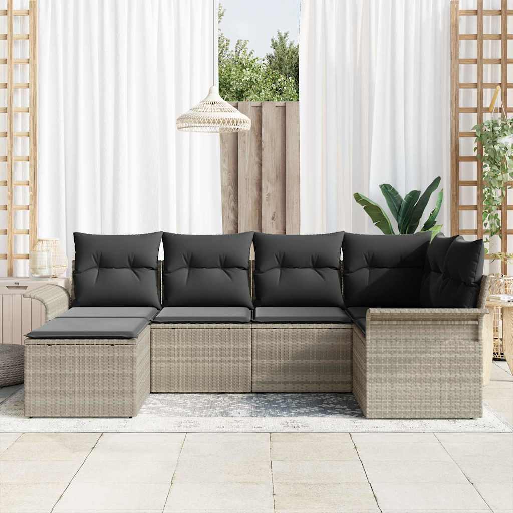 Havesofa Sæt med pude 6 pcs Lysegrå polyrattan