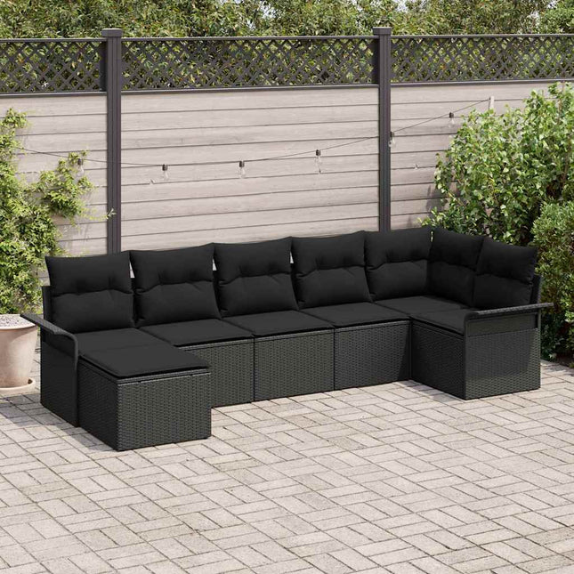 Havesofa Sæt med pude 7 pcs Sort Poly rattan