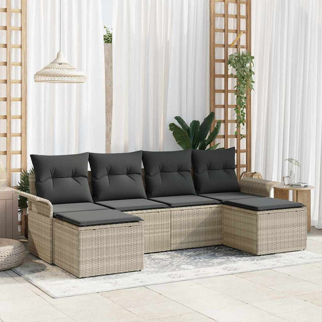 Havesofa Sæt med pude 6 pcs Lysegrå Poly rattan