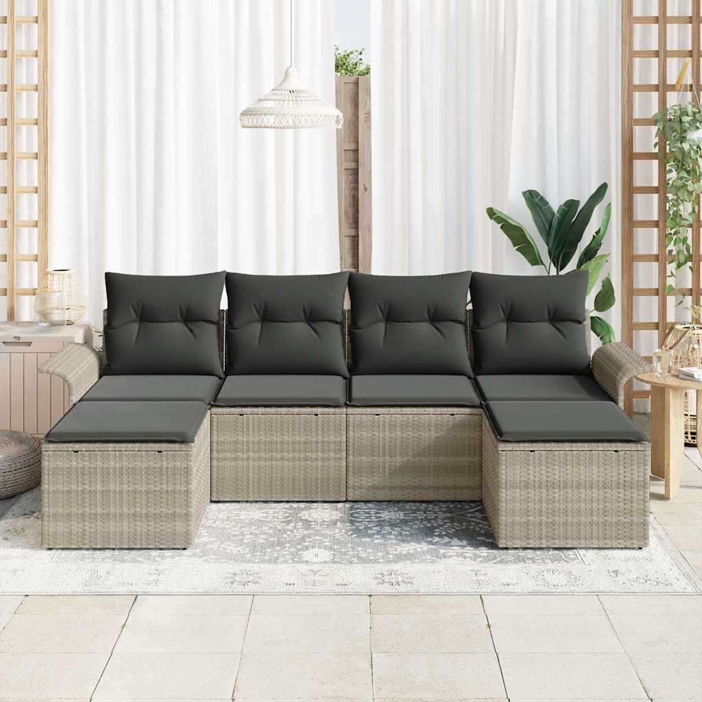 Havesofa Sæt med pude 6 pcs Lysegrå Poly rattan
