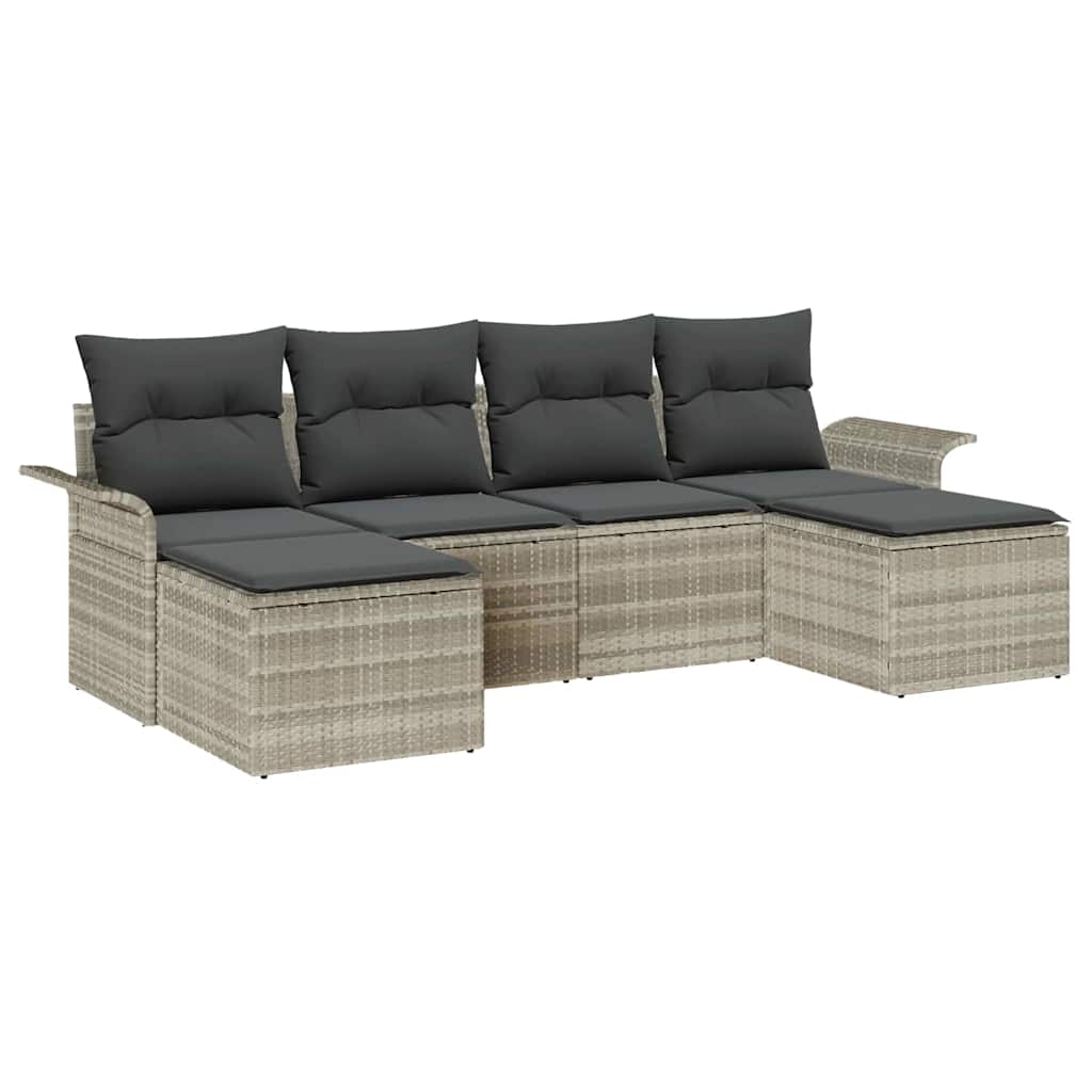Havesofa Sæt med pude 6 pcs Lysegrå Poly rattan