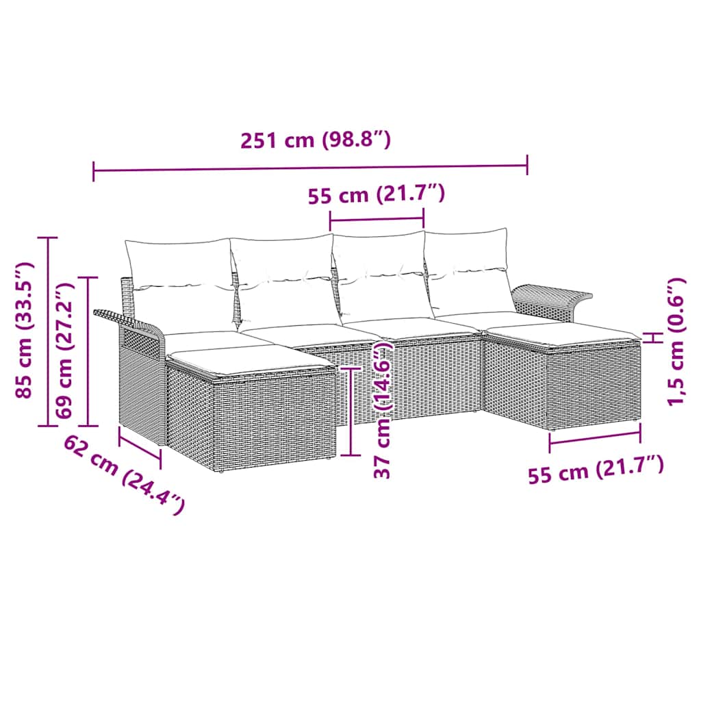 Havesofa Sæt med pude 6 pcs Lysegrå Poly rattan