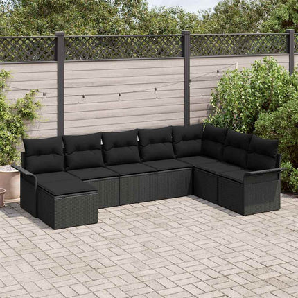 Havesofa Sæt med pude 8 pcs Sort polyrattan