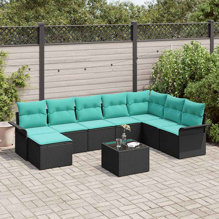 Havesofa Sæt med pude 9 pcs Sort polyrattan