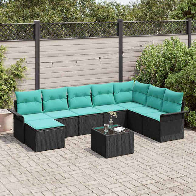 Havesofa Sæt med pude 9 pcs Sort polyrattan