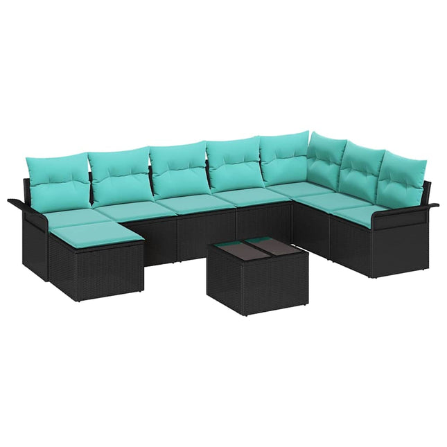 Havesofa Sæt med pude 9 pcs Sort polyrattan