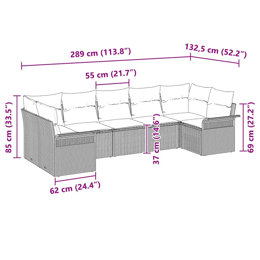 Havesofa Sæt med pude 7 pcs Brun polyrattan