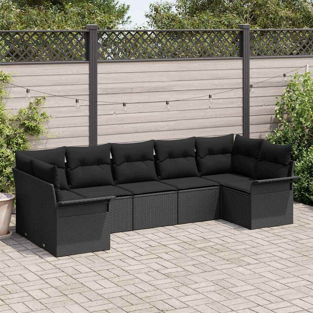 Havesofa Sæt med pude 7 pcs Sort polyrattan