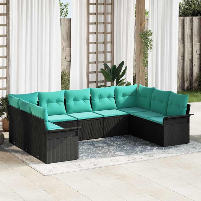 Havesofa Sæt med pude 9 pcs Sort polyrattan