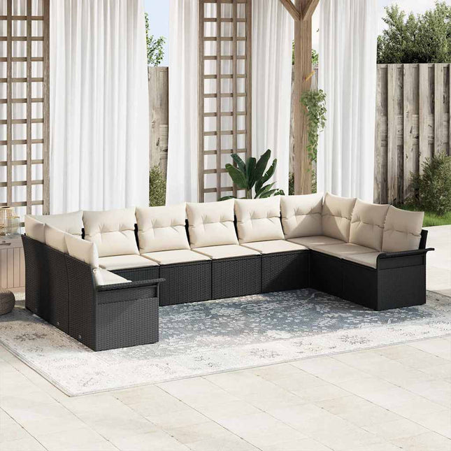 Havesofa Sæt med pude 10 pcs Sort polyrattan