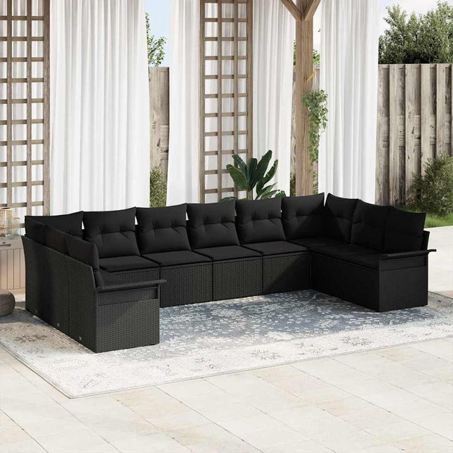Havesofa Sæt med pude 10 pcs Sort polyrattan