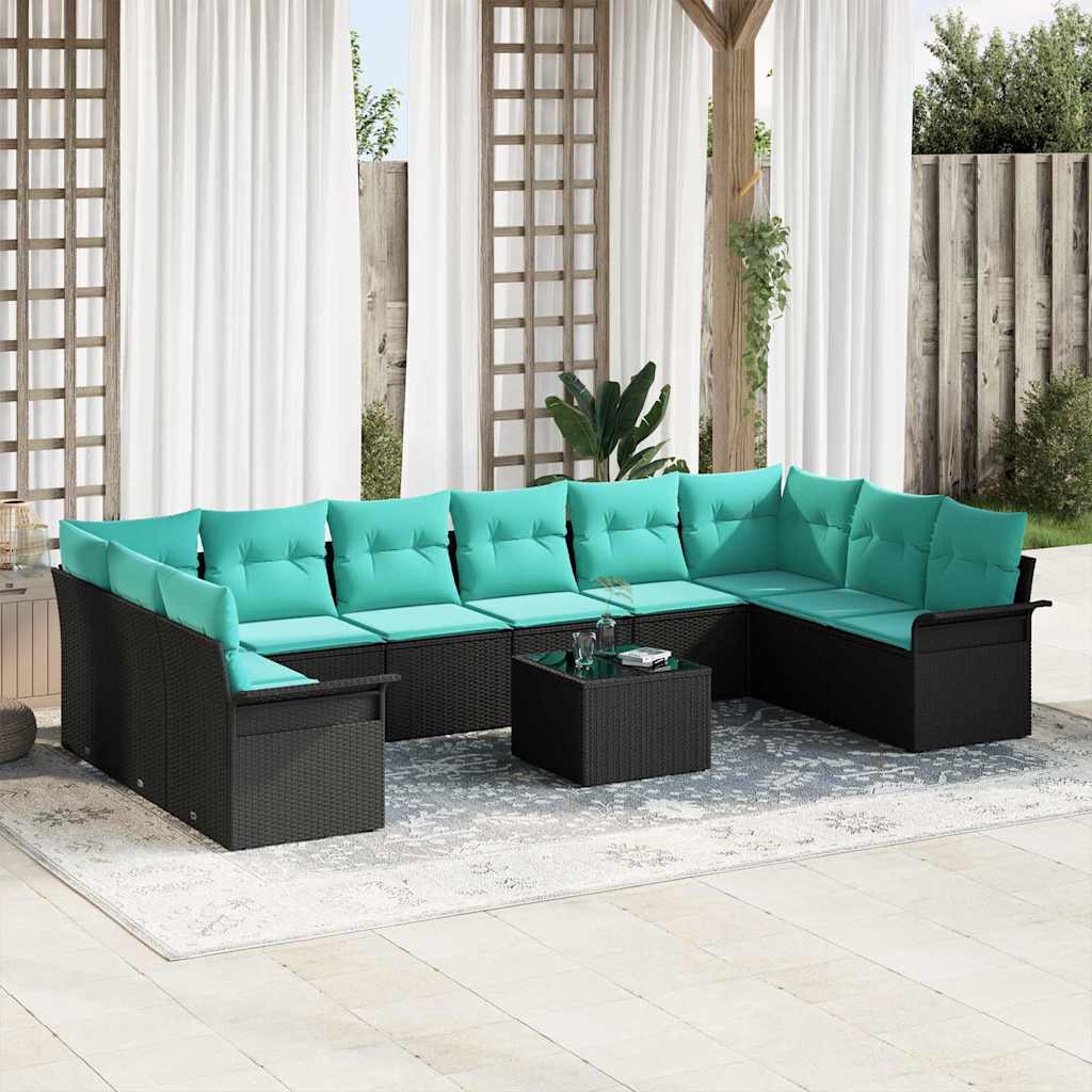 Havesofa Sæt med pude 11 pcs Sort Poly rattan