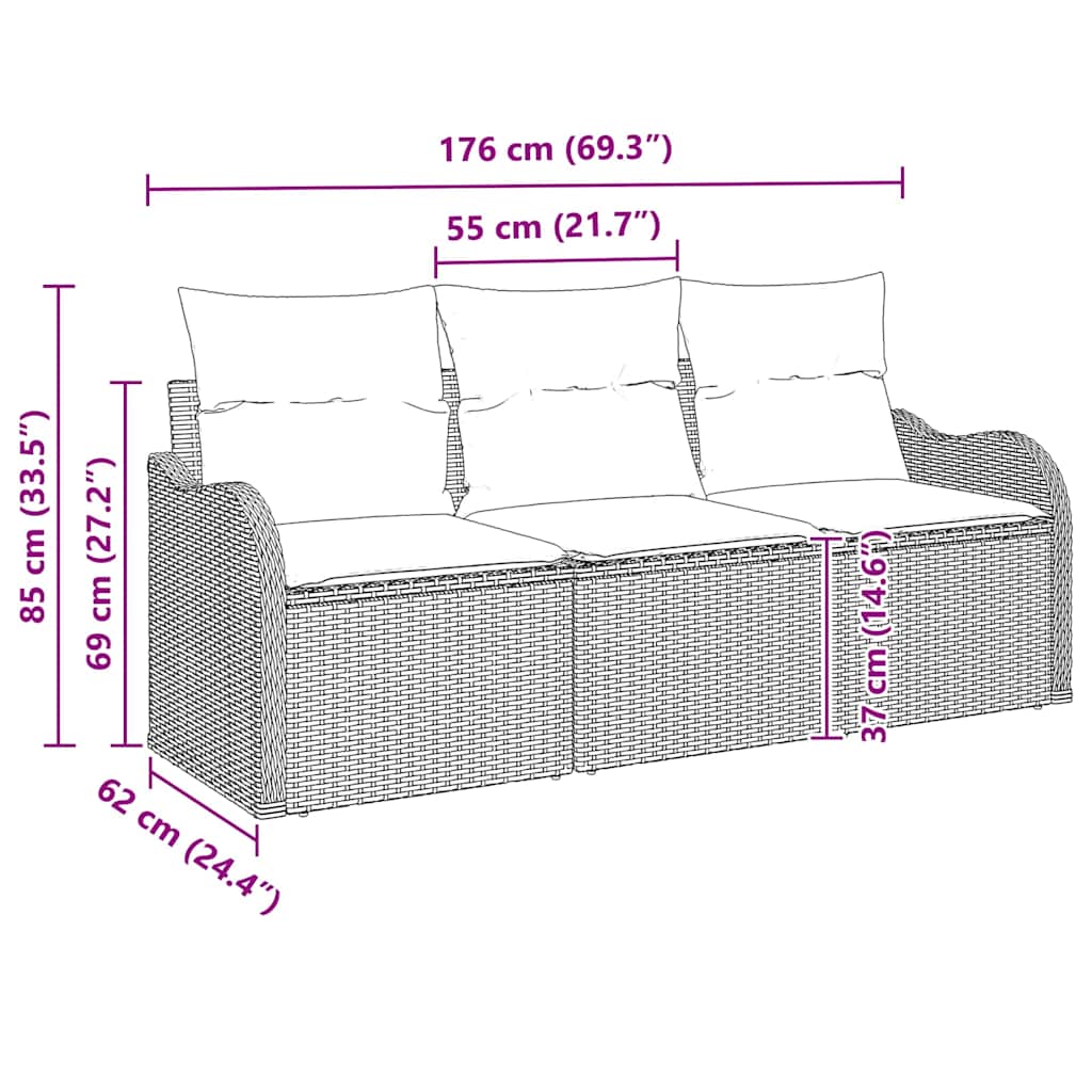 Havesofa Sæt med pude 3 pcs Brun polyrattan