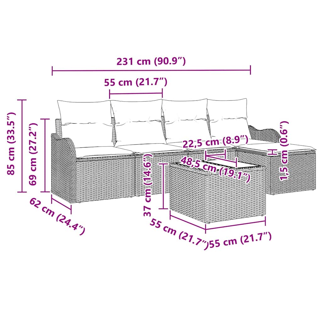 Havesofa Sæt 6 pcs Sort polyrattan