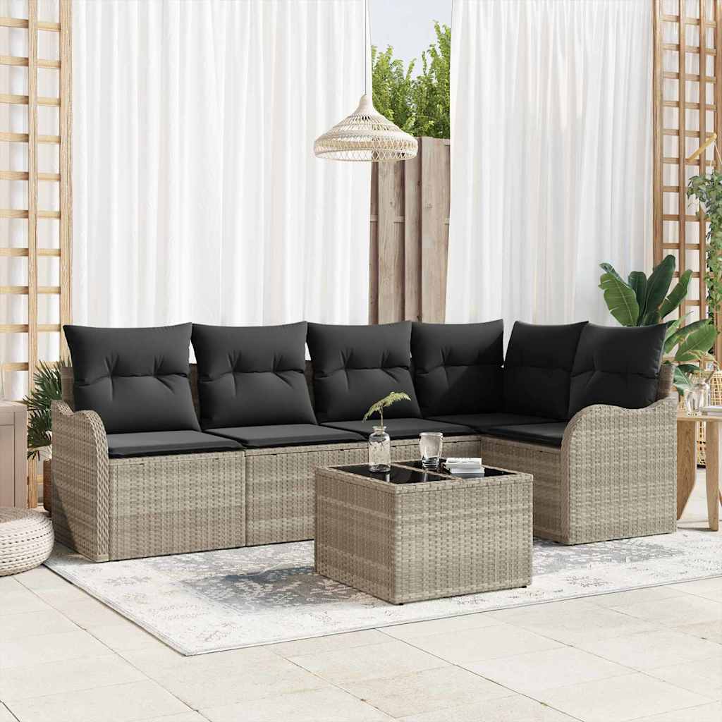 Havesofa Sæt med pude 6 pcs Lysegrå Poly rattan