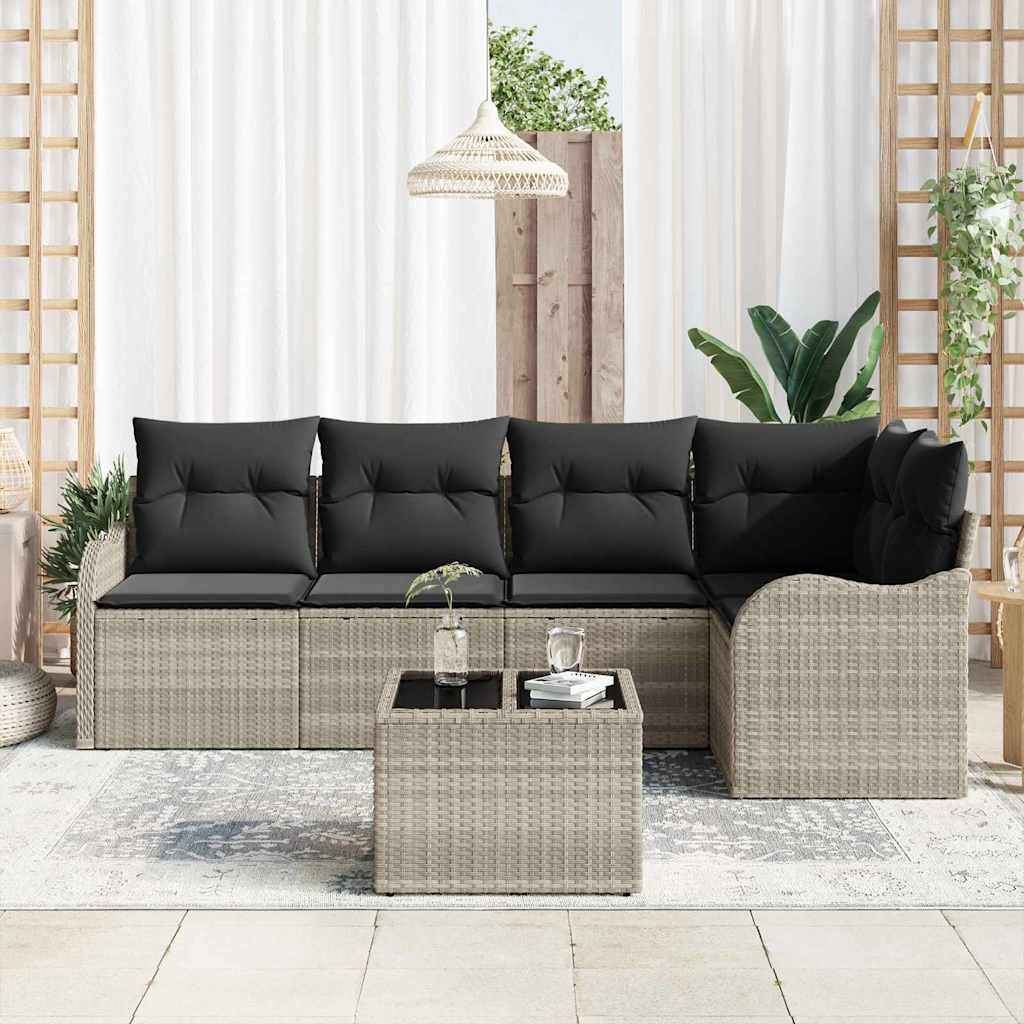 Havesofa Sæt med pude 6 pcs Lysegrå Poly rattan