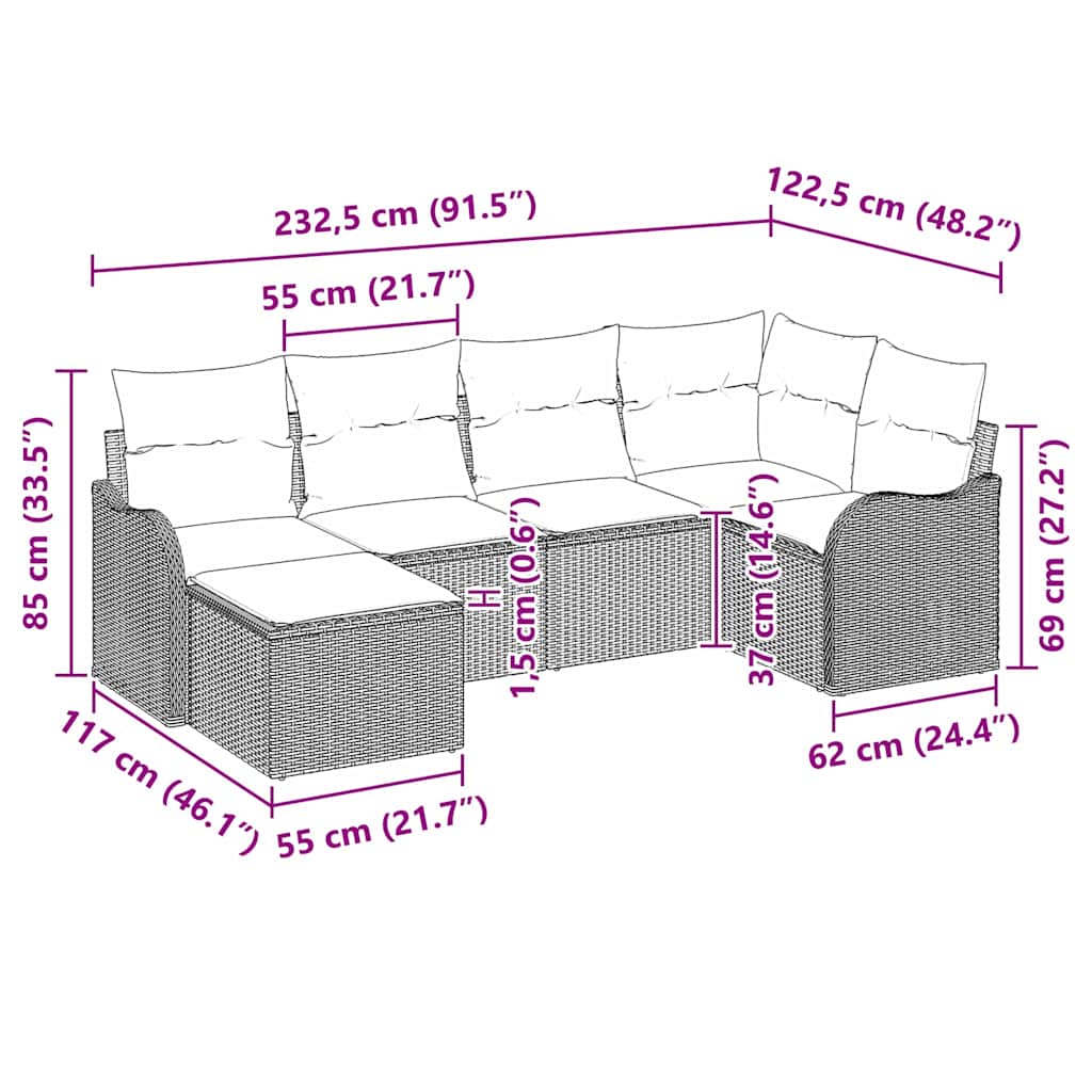 Havesofa Sæt med pude 6 pcs Brun Poly rattan