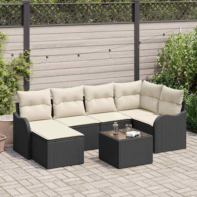 Havesofa Sæt med pude 7 pcs Sort Poly rattan