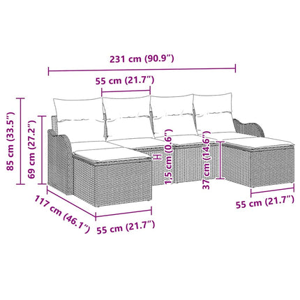 Havesofa Sæt med pude 6 pcs Brun Poly rattan