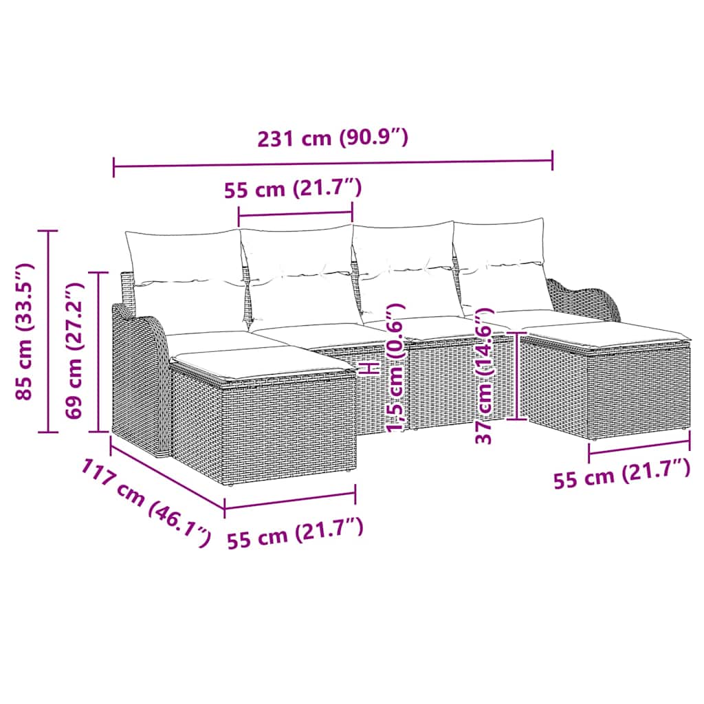 Havesofa Sæt med pude 6 pcs Beige Poly rattan