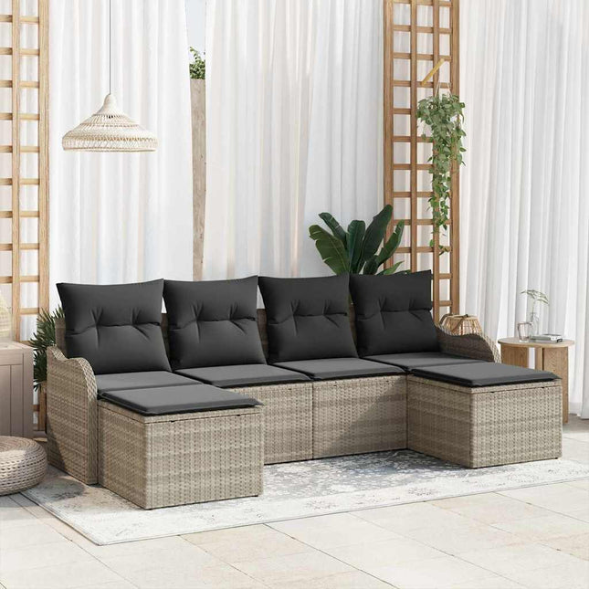 Havesofa Sæt med pude 6 pcs Lysegrå Poly rattan