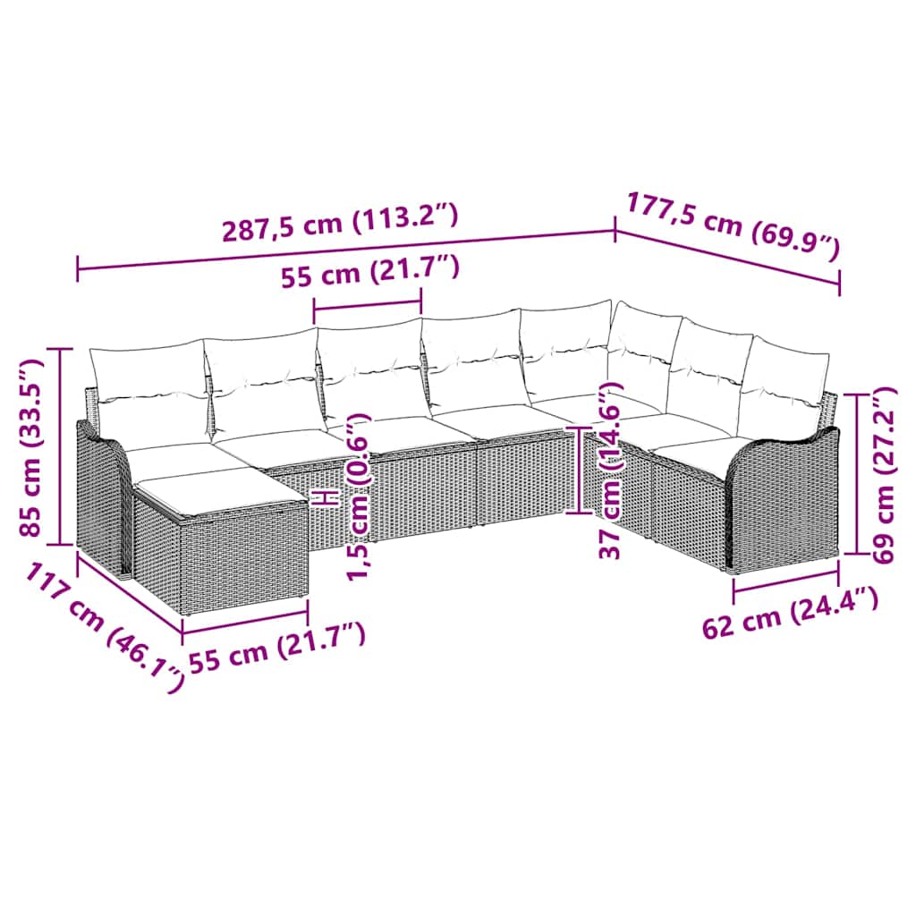 Havesofa Sæt med pude 9 pcs Beige Poly rattan