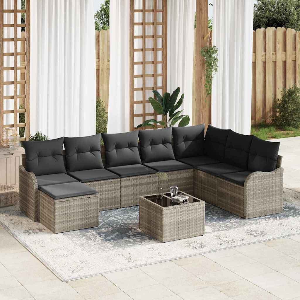 Havesofa Sæt med pude 9 pcs Lysegrå Poly rattan