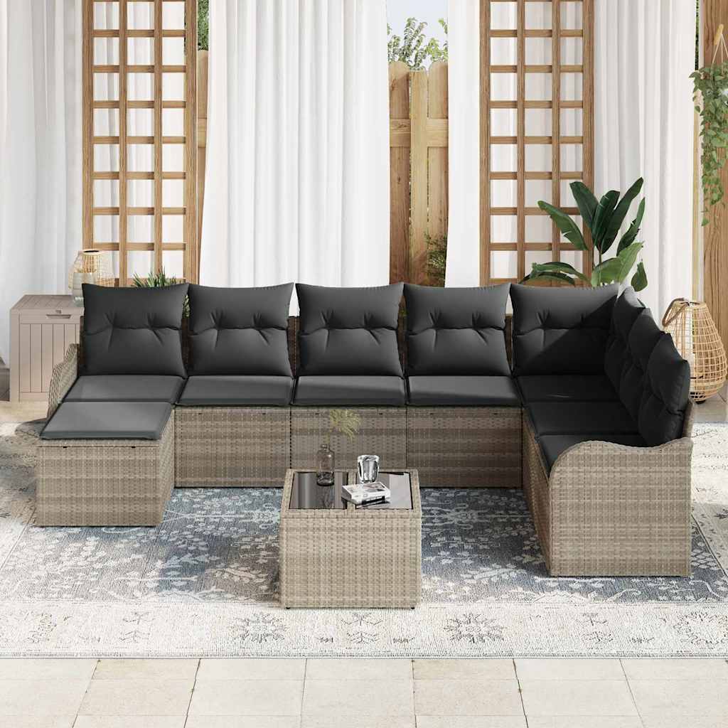 Havesofa Sæt med pude 9 pcs Lysegrå Poly rattan