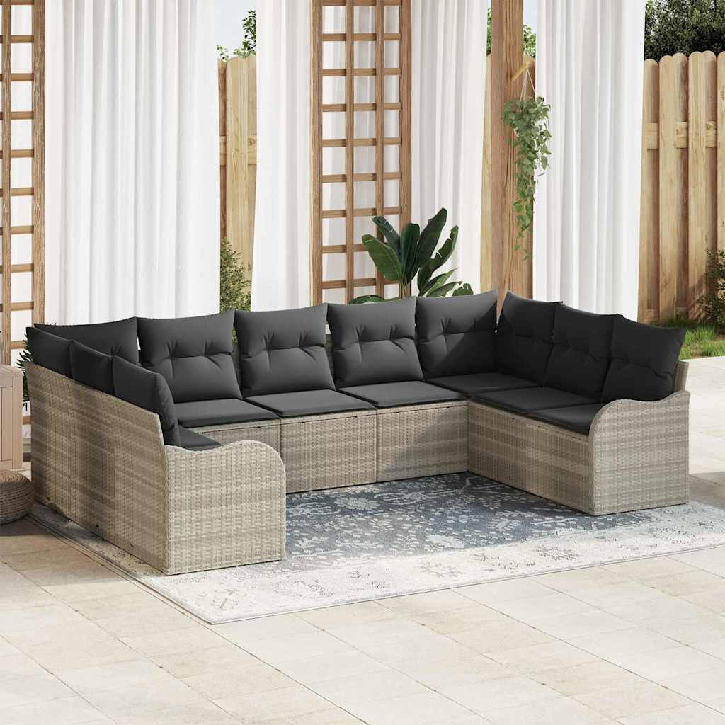 Havesofa Sæt med pude 9 pcs Lysegrå Poly rattan