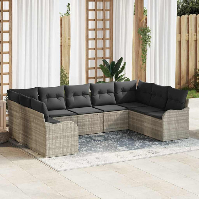 Havesofa Sæt med pude 9 pcs Lysegrå Poly rattan