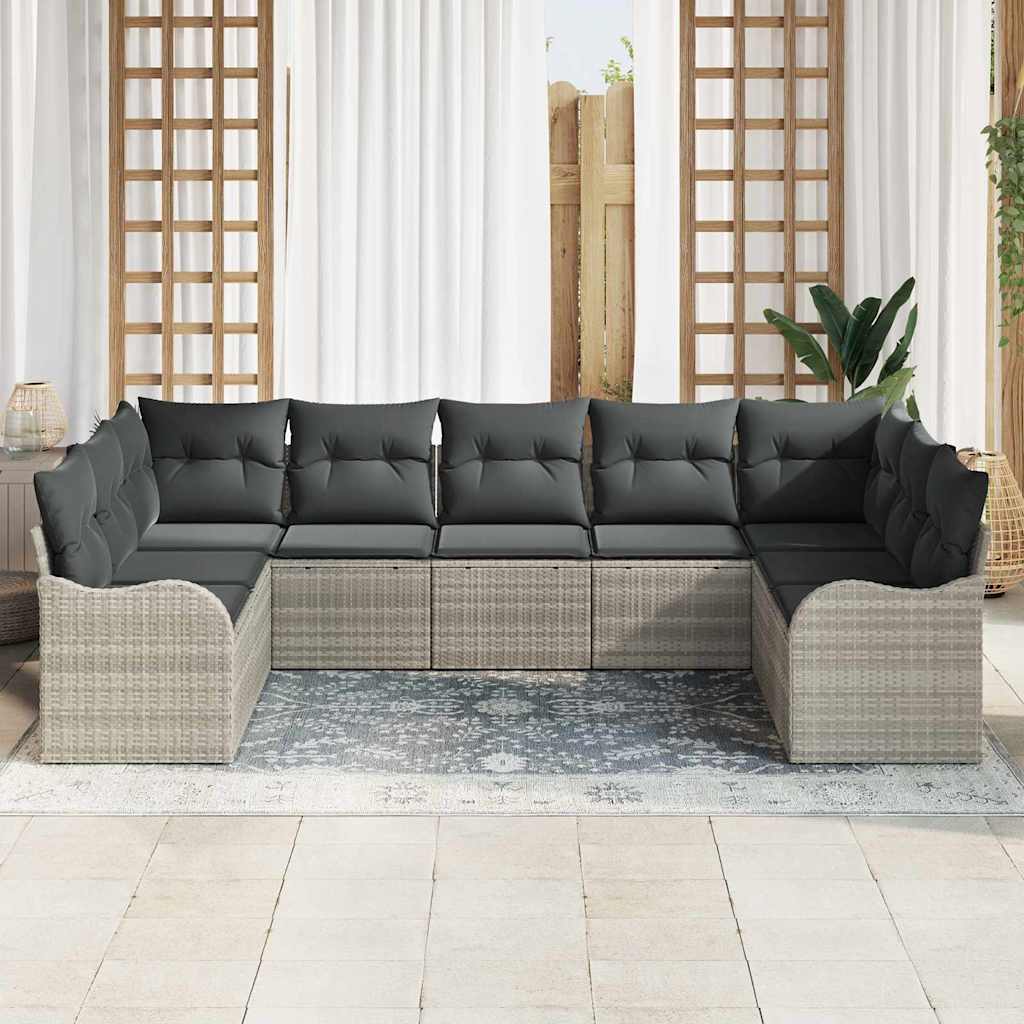 Havesofa Sæt med pude 9 pcs Lysegrå Poly rattan