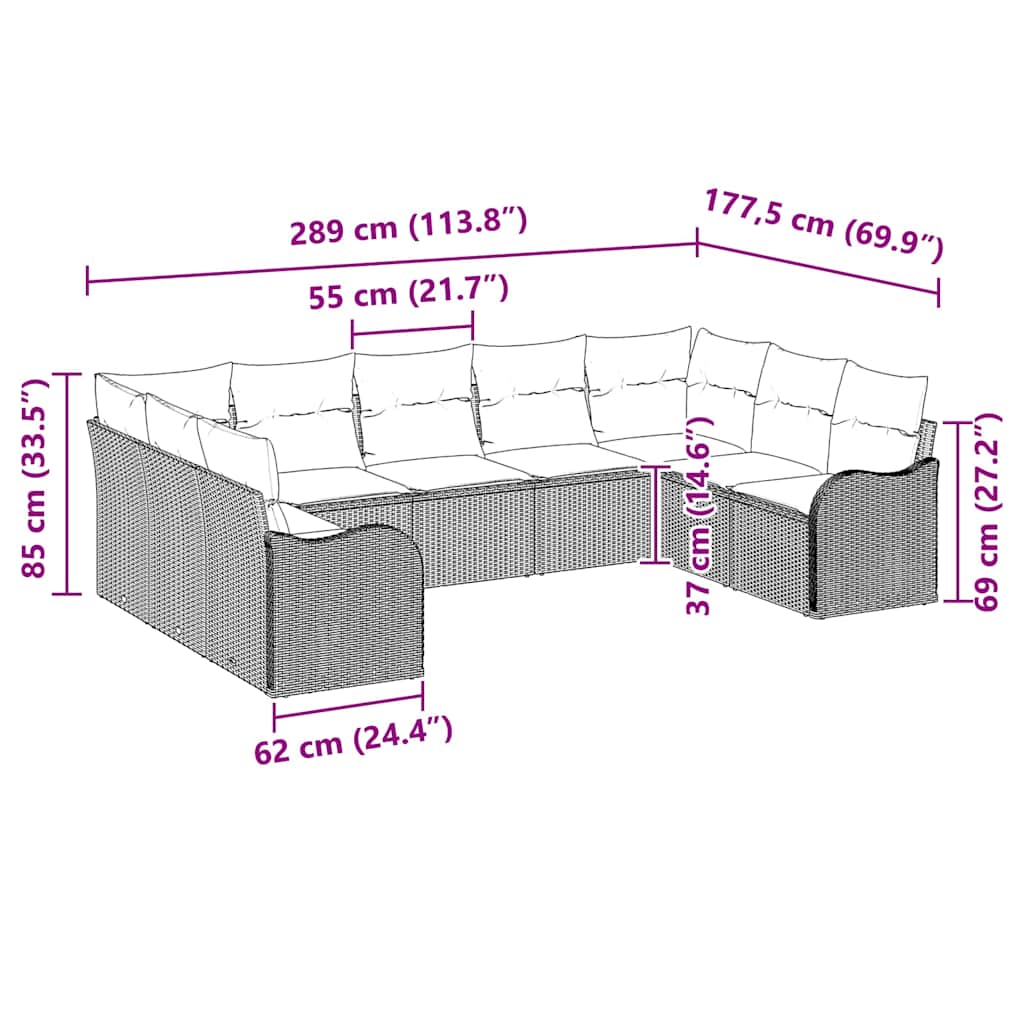 Havesofa Sæt med pude 9 pcs Lysegrå Poly rattan
