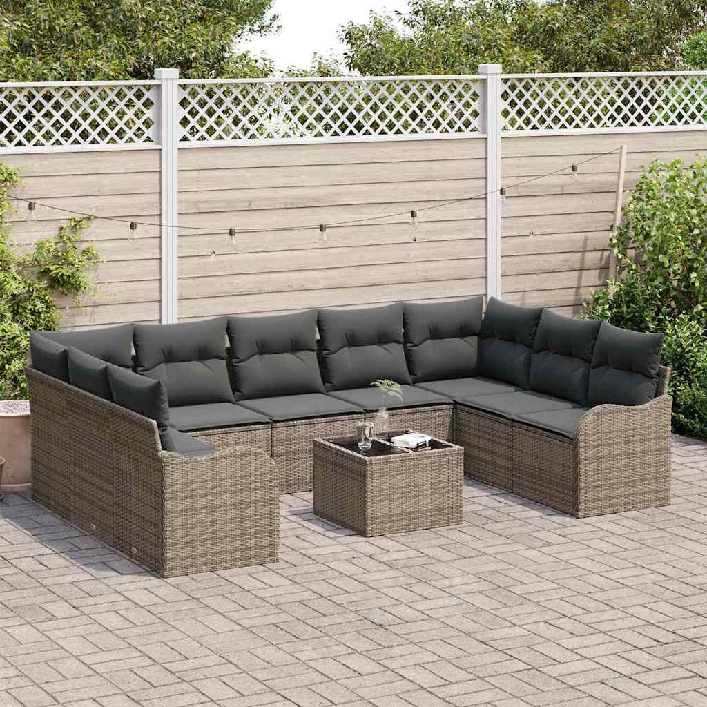 Havesofa Sæt med pude 10 pcs Grå Poly rattan