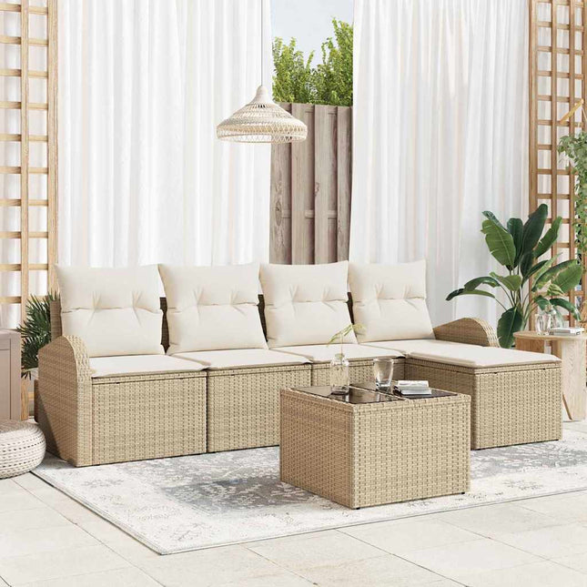 Havesofa Sæt med pude 6 pcs Beige Poly rattan