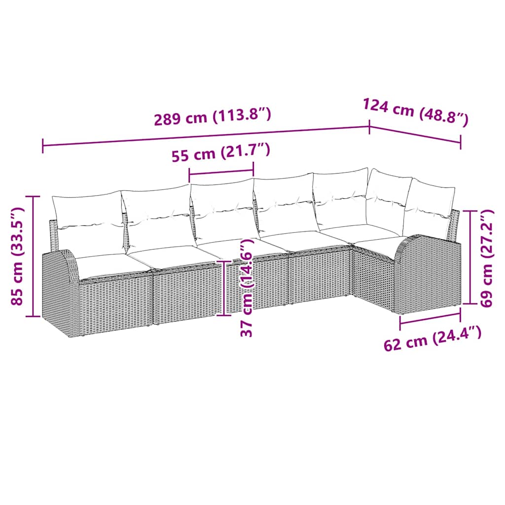 Havesofa Sæt med pude 6 pcs Brun Poly rattan