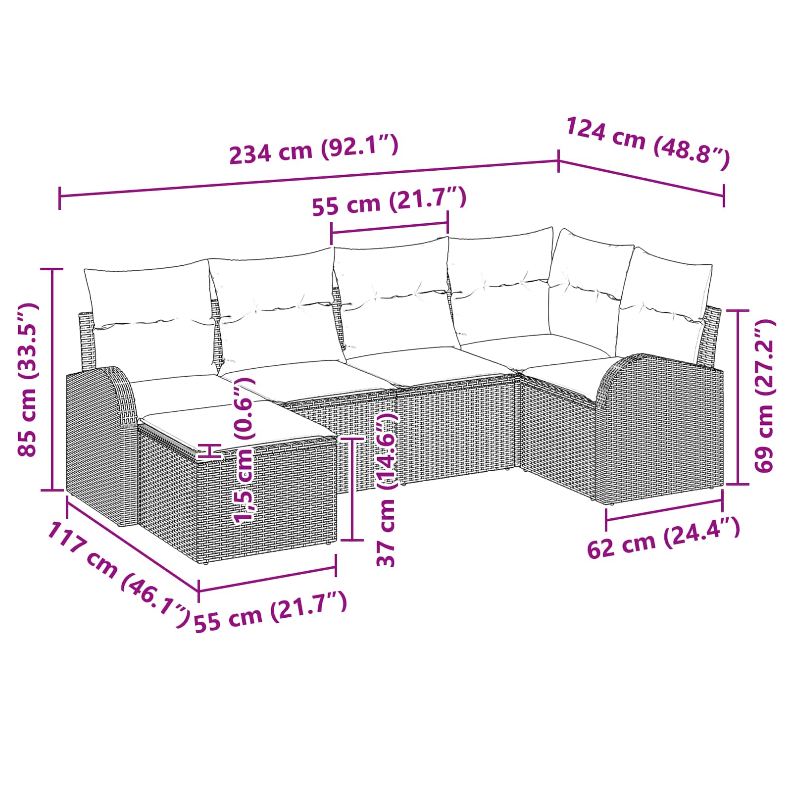 Havesofa Sæt med pude 6 pcs Brun Poly Rattan