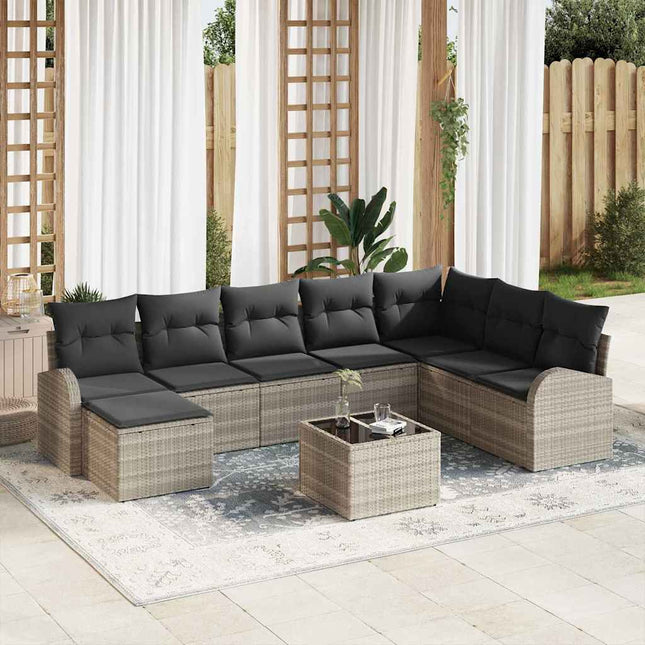 Havesofa Sæt med pude 9 pcs Lysegrå Poly rattan