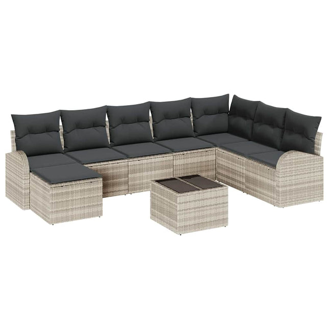 Havesofa Sæt med pude 9 pcs Lysegrå Poly rattan