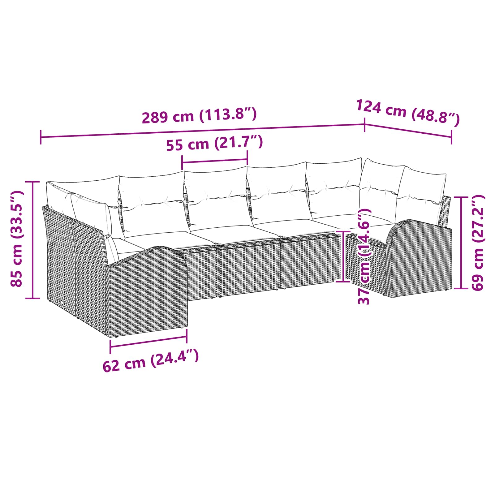 Havesofa Sæt med pude 7 pcs Brun Poly Rattan