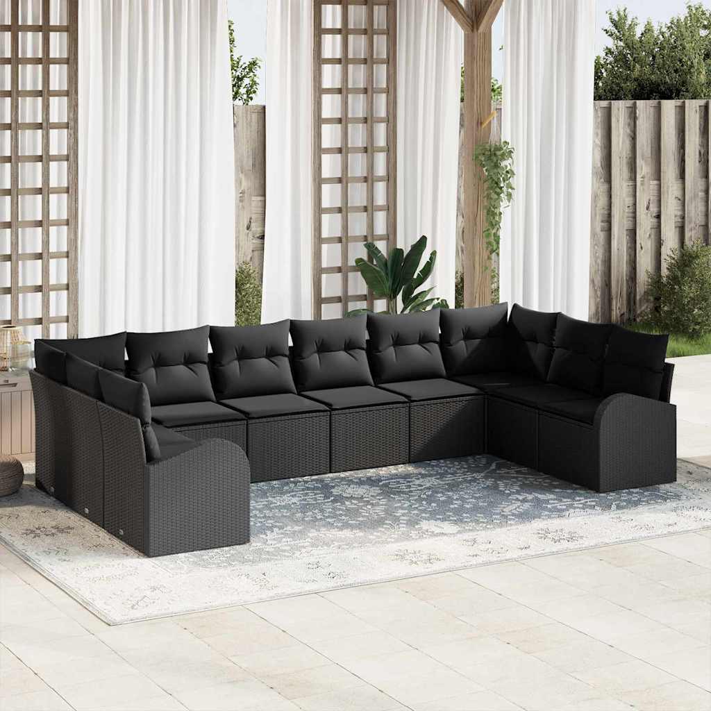 Sofa Sæt med pude 10 pcs Sort Polyrattan