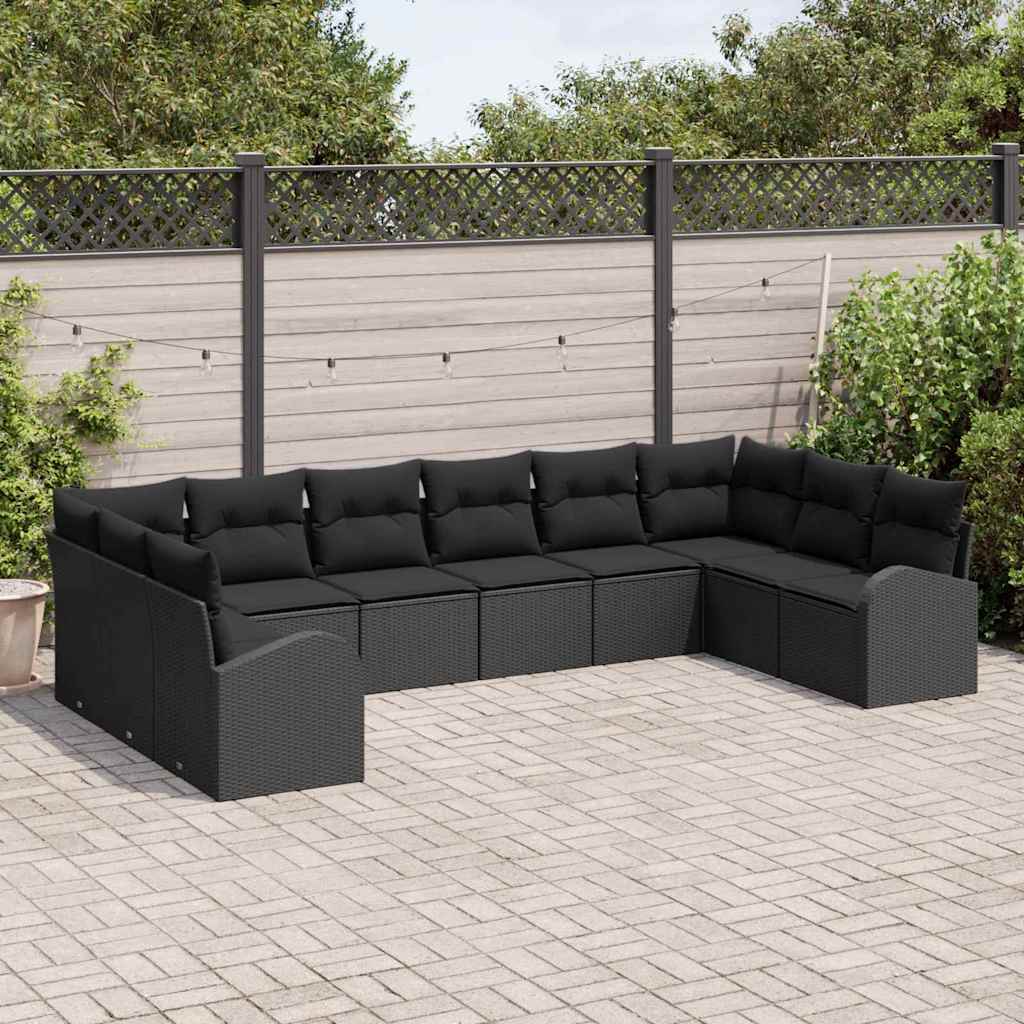 Sofa Sæt med pude 10 pcs Sort Polyrattan