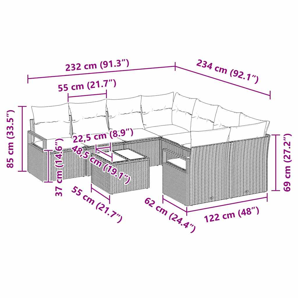 Sofa Sæt med pude 9 pcs Beige og grå polyrattan