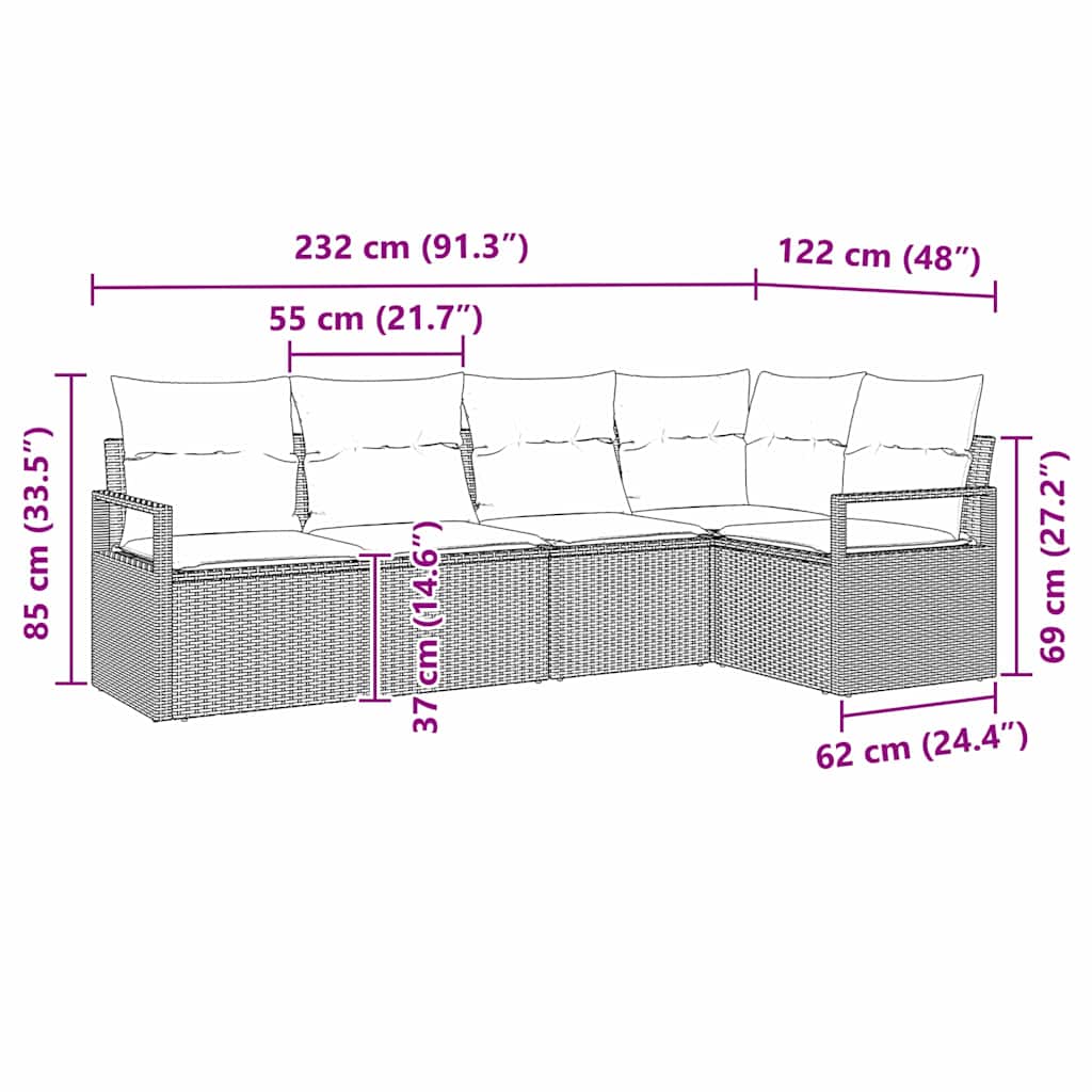 Sofa Sæt med pude 5 pcs Brun polyrattan