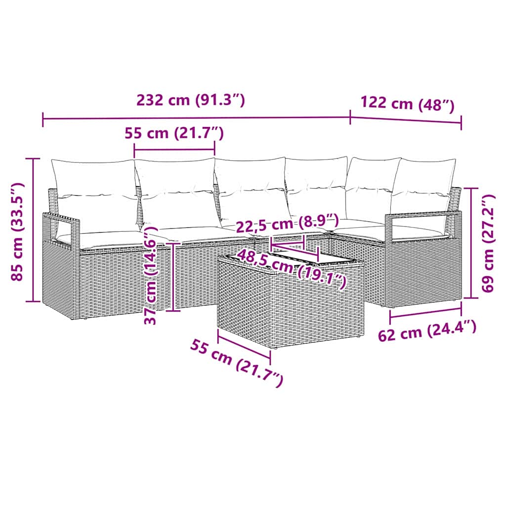Sofa Sæt med pude 6 pcs Lysegrå polyrattan