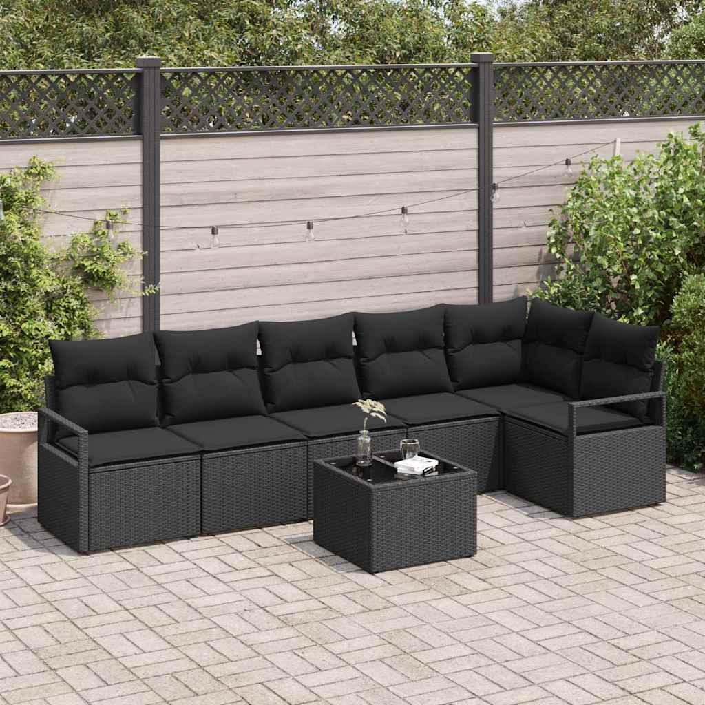 Sofa Sæt med pude 7 pcs Sort polyrattan