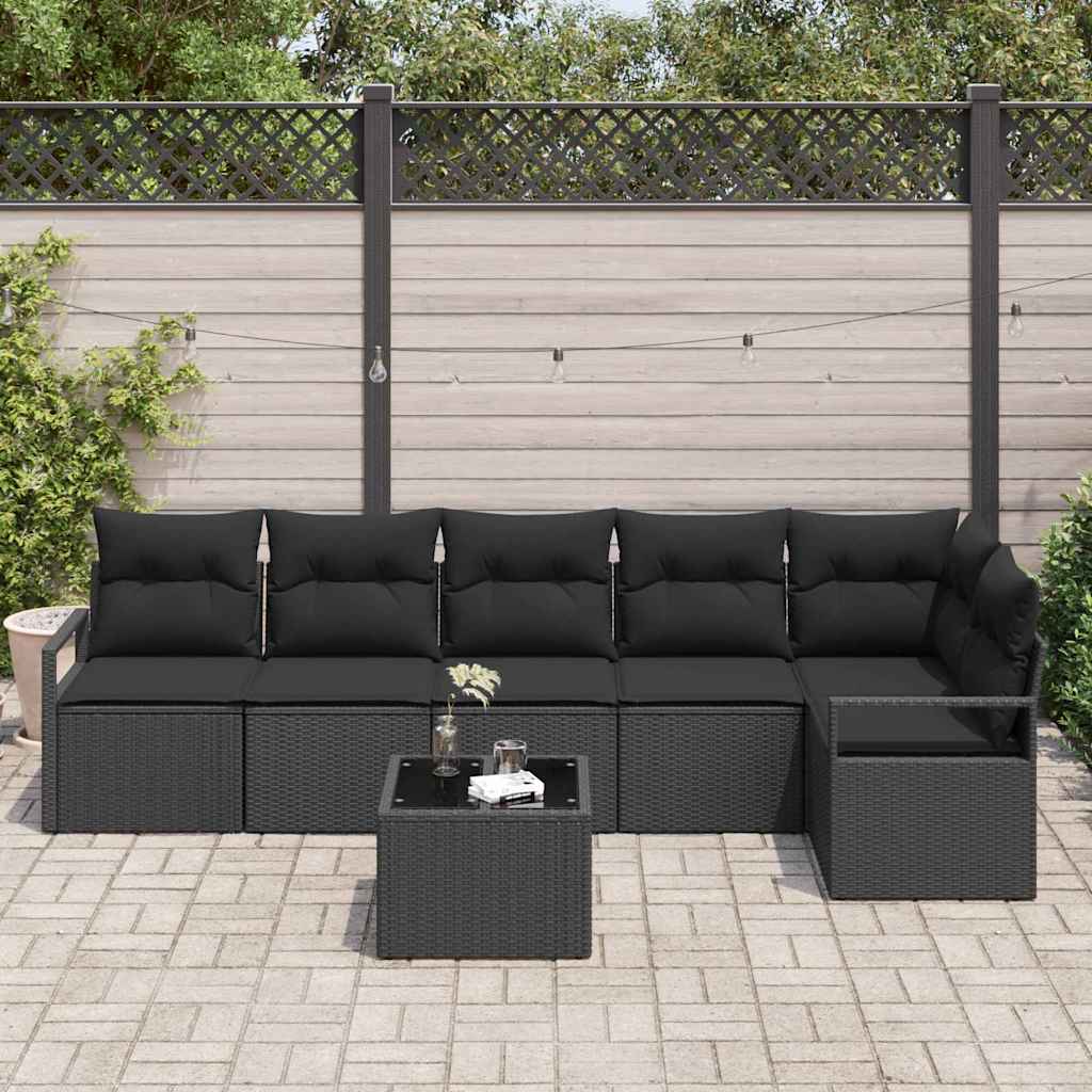 Sofa Sæt med pude 7 pcs Sort polyrattan