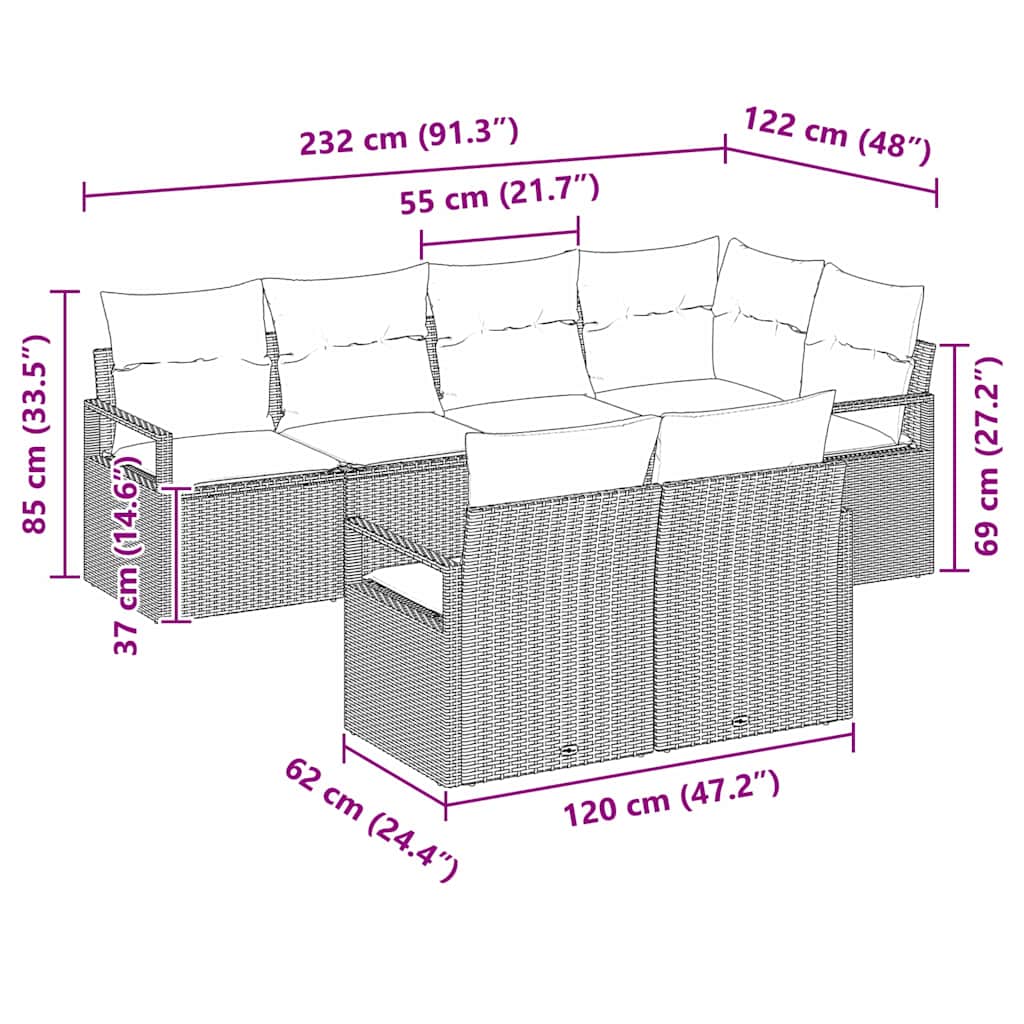 Sofa Sæt med pude 7 pcs Brun polyrattan