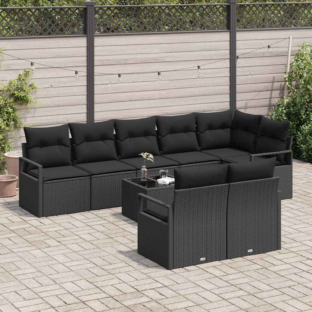 Sofa Sæt med pude 9 pcs Sort polyrattan